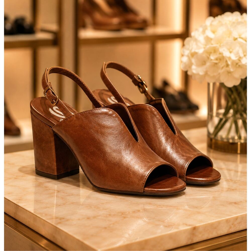 Real Leather Sling Back Chunky Heel Peep Toe Sbicca Windor Brown size 7